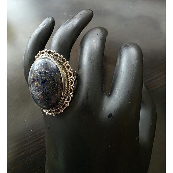 Vintage Lapis Lazuli Sterling Silver Ring | Size 8.5 | Boho Statement Jewelry - Picture 2 of 7